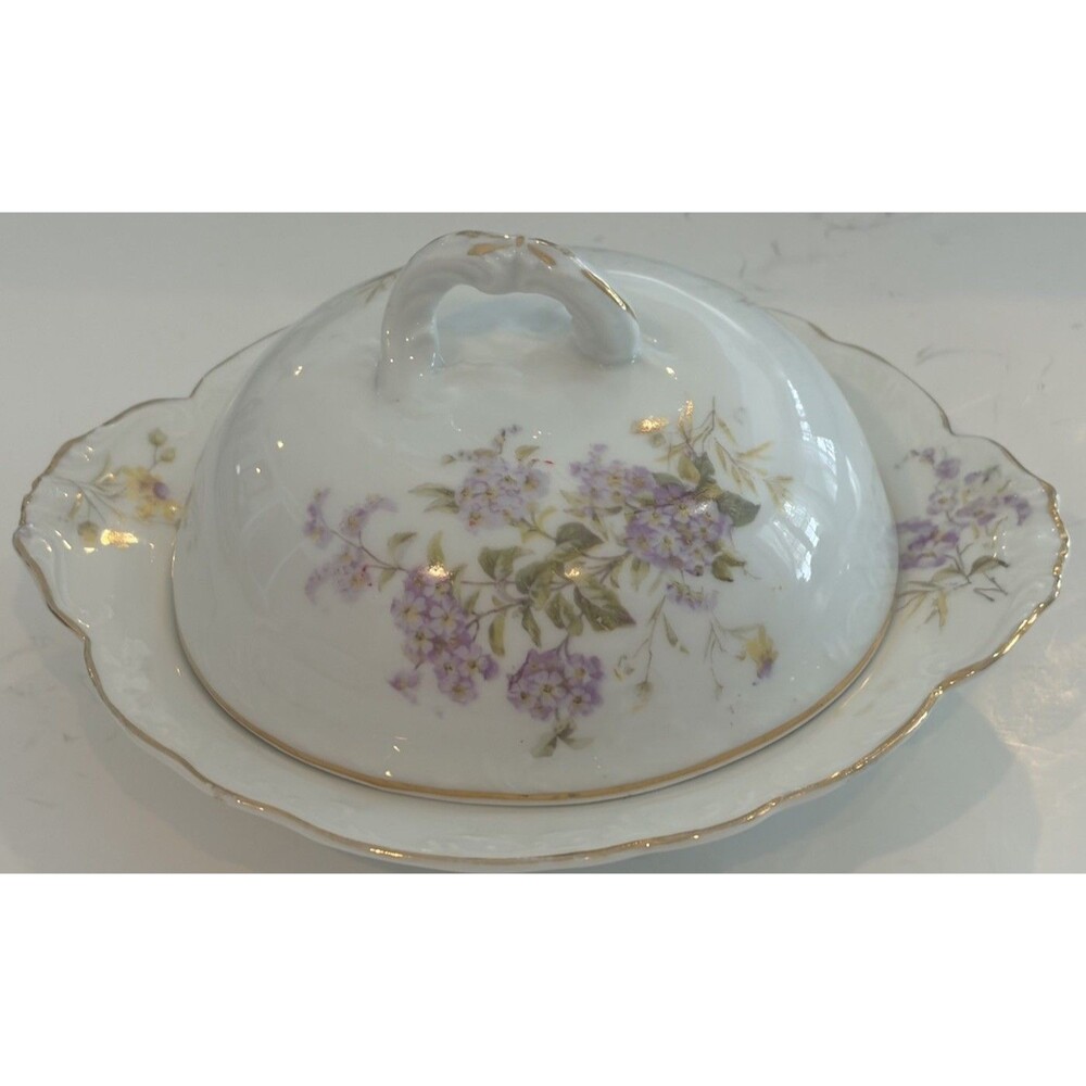 Austria  Merkelgrun Porcelain Covered Butter Dish with Underplate Gold Trim 1912